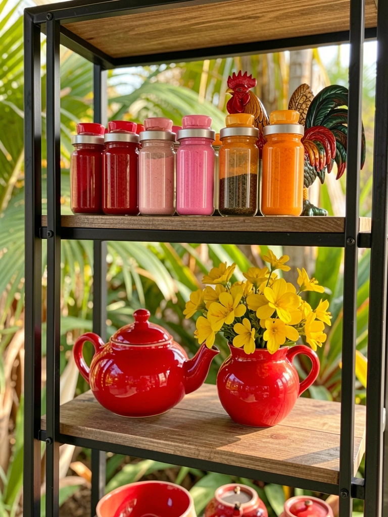 Prateleira preta de metal com madeira exibindo potes de especiarias vermelhos, rosa e laranja, um galo decorativo, bule vermelho e buquê amarelo, luz natural.