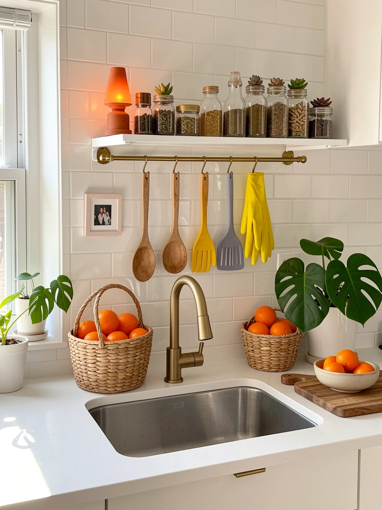 Bancada de quartzo branco com cesto de vime cheio de laranjas, pia de aço inox e torneira dourada; prateleira metálica com ganchos, utensílios e frascos de vidro; vaso de monstera ao lado.
