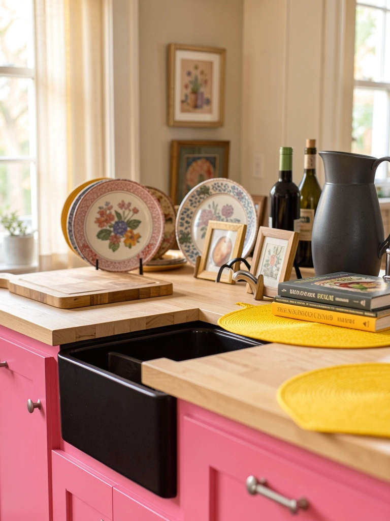 Ilha de cozinha rosa com tampo de madeira clara, pia preta, pratos decorativos e jarra cinza sob luz natural.