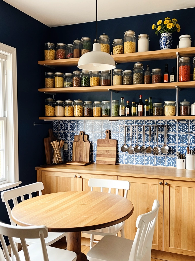 Parede azul escura, bancada com azulejos azuis e brancos, prateleiras com potes de vidro e vaso com flores amarelas, luz natural.