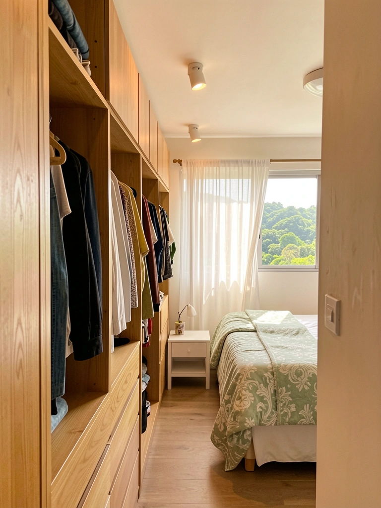 Armário linear de madeira clara com roupas penduradas, cama com edredom verde-claro e branco, janela com vista para colina verde e luz natural.