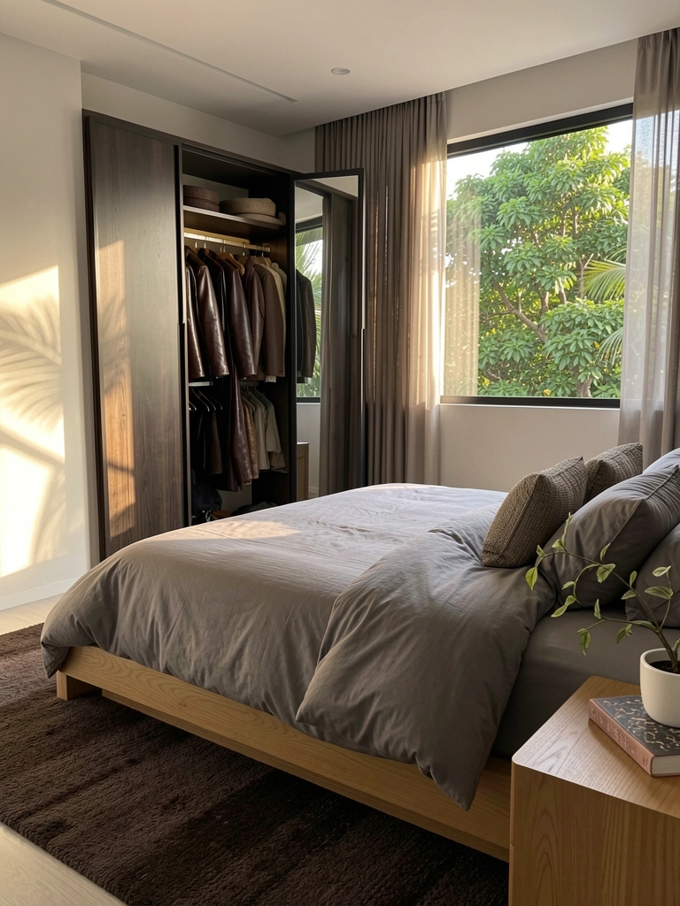 Cama moderna com edredom cinza e almofadas texturizadas, criado-mudo de madeira com planta e livro, espelho refletindo closet com jaquetas de couro, luz natural entrando por janela com árvore verde.