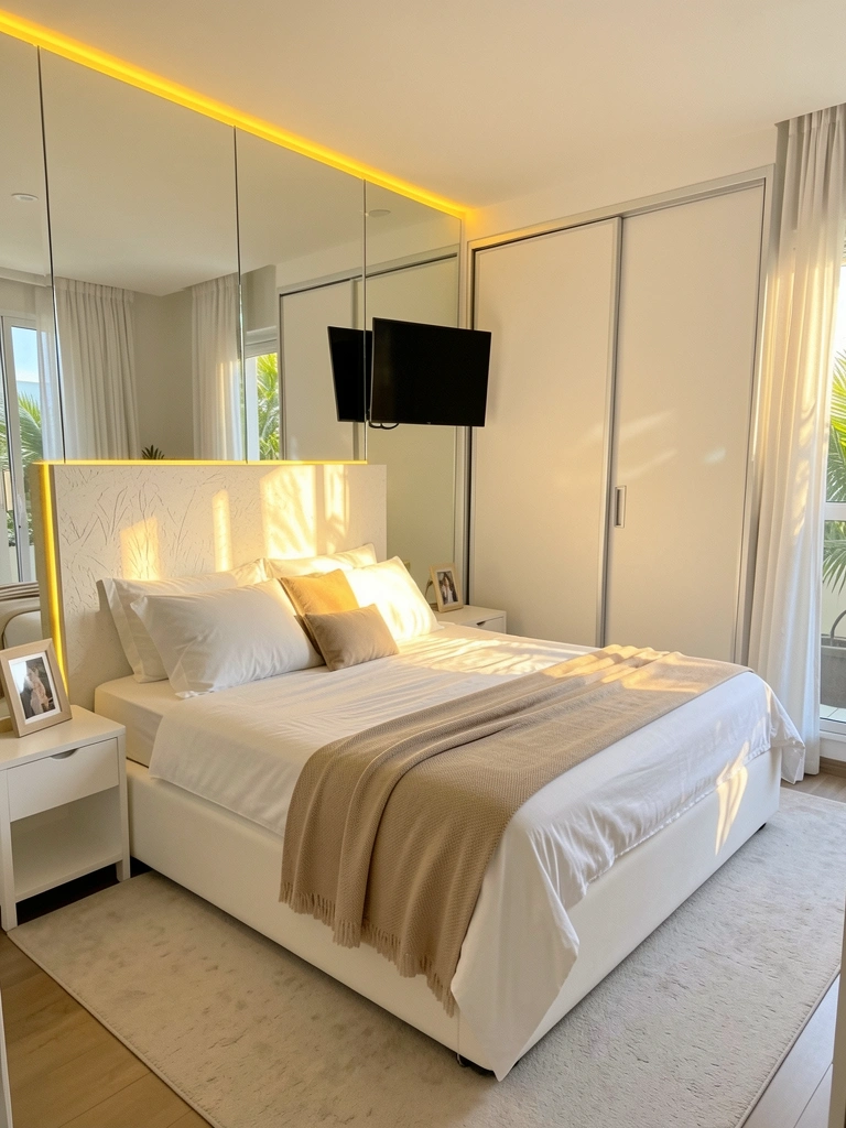 Cabeceira texturizada branca de MDF com espelhos e luz LED quente, cama fofa com manta bege, TV na parede e guarda-roupa branco ao lado.