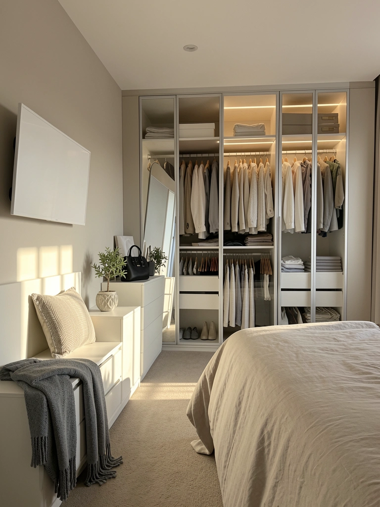 Closet integrado com prateleiras espelhadas e roupas, cama com edredom claro, televisão flutuante e luz natural entrando pela janela.