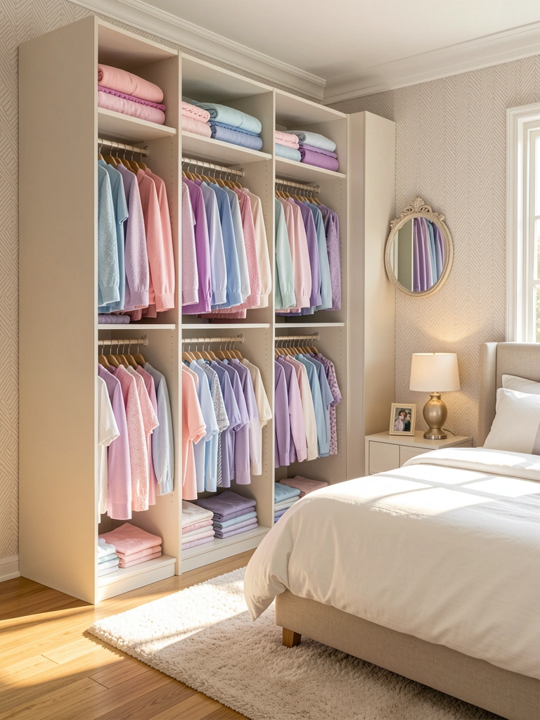 Armário aberto com roupas em tons pastel, cama com roupa de cama branca, luz natural entrando pela janela.