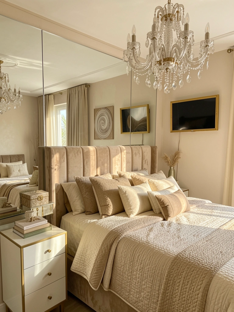 Espelho de cristal reflete luz sobre cabeceira bege aveludada, cama com colcha acolchoada creme e travesseiros decorativos, TV dourada na parede.