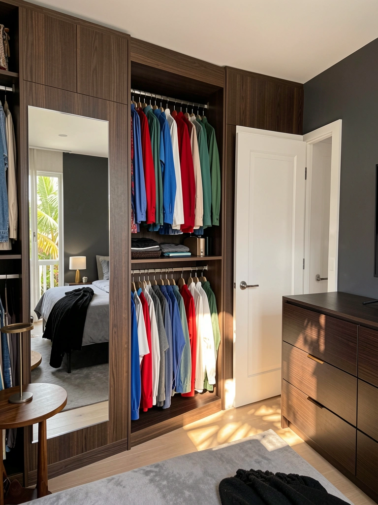 Armário closet com painéis de madeira escura, espelho de corpo inteiro e roupas penduradas em azul, vermelho e verde, luz natural filtrada.