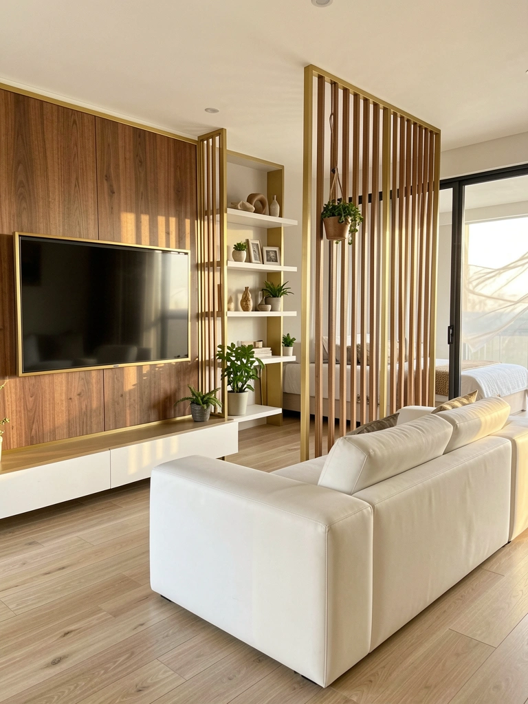 Sofá modular branco contra piso de madeira clara, TV em painel de madeira com moldura dourada e divisória de ripas verticais com vaso.