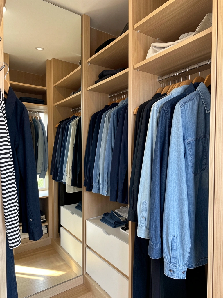 Prateleiras de madeira clara com camisas jeans azuis em cabides de madeira, parede espelhada reflete luz natural de janela ao fundo, gaveteiro branco compacto.