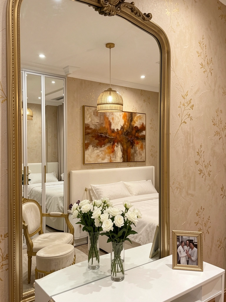 Quarto com parede texturizada bege e detalhes dourados, cama com cabeceira branca, espelho grande reflete arranjo de flores e luminária pendente.