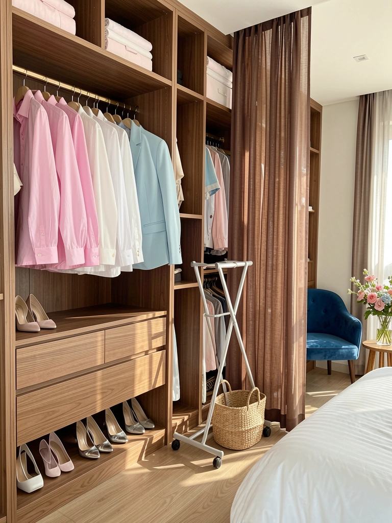 Armário closet com prateleiras de madeira e gavetas, camisas rosa e brancas, blazer azul claro e saltos prateados, cesto de vime no chão, luz natural através de cortina marrom.