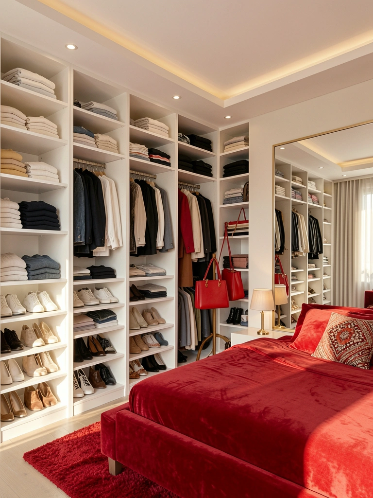 Prateleiras brancas com roupas e sapatos organizados, cama de veludo vermelho com almofada estampada, bolsa de couro vermelha pendurada, luz natural e espelho refletindo o closet.