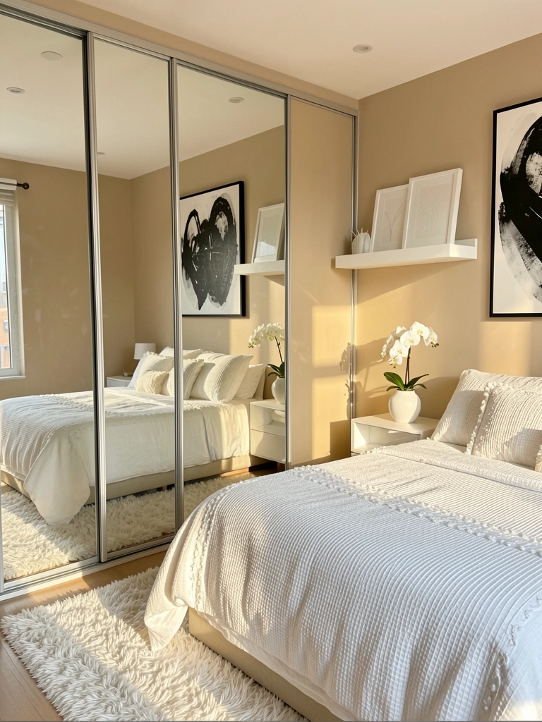 Guarda-roupa com portas espelhadas reflete a luz natural em quarto com cama branca, tapete felpudo e orquídea sobre criado-mudo.