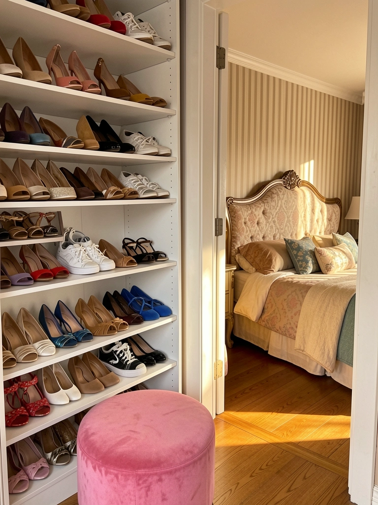 Prateleiras brancas com sapatos variados, pufe rosa no primeiro plano, quarto com papel de parede listrado ao fundo e luz natural.