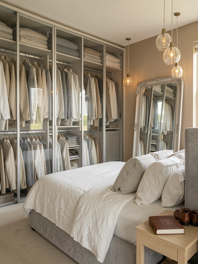 Armário closet com portas de vidro do chão ao teto, roupas em tons neutros penduradas, cama com roupa de cama branca e espelho ornamentado apoiado na parede.