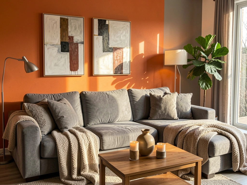 Sofá cinza com manta texturizada, parede laranja e cinza com duas obras de arte abstratas, mesa de centro de madeira com vaso cerâmico e velas, planta verde e luz natural de janela.