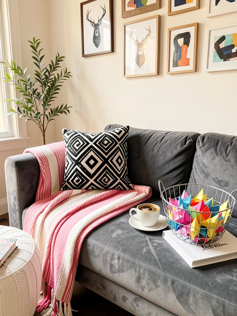 Sofá cinza com almofada geométrica preta e branca, manta listrada rosa e branca sobre o braço, pufe branco, cesta de arame com papéis coloridos e xícara de café sobre livro branco, luz natural.