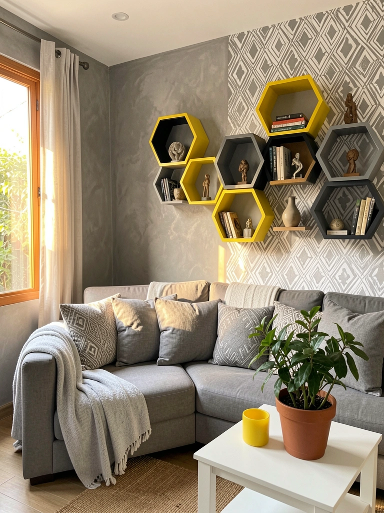 Luz natural incide sobre sofá cinza com almofadas estampadas e manta clara, parede texturizada e prateleiras hexagonais amarelas, pretas e cinzas com livros e vaso.