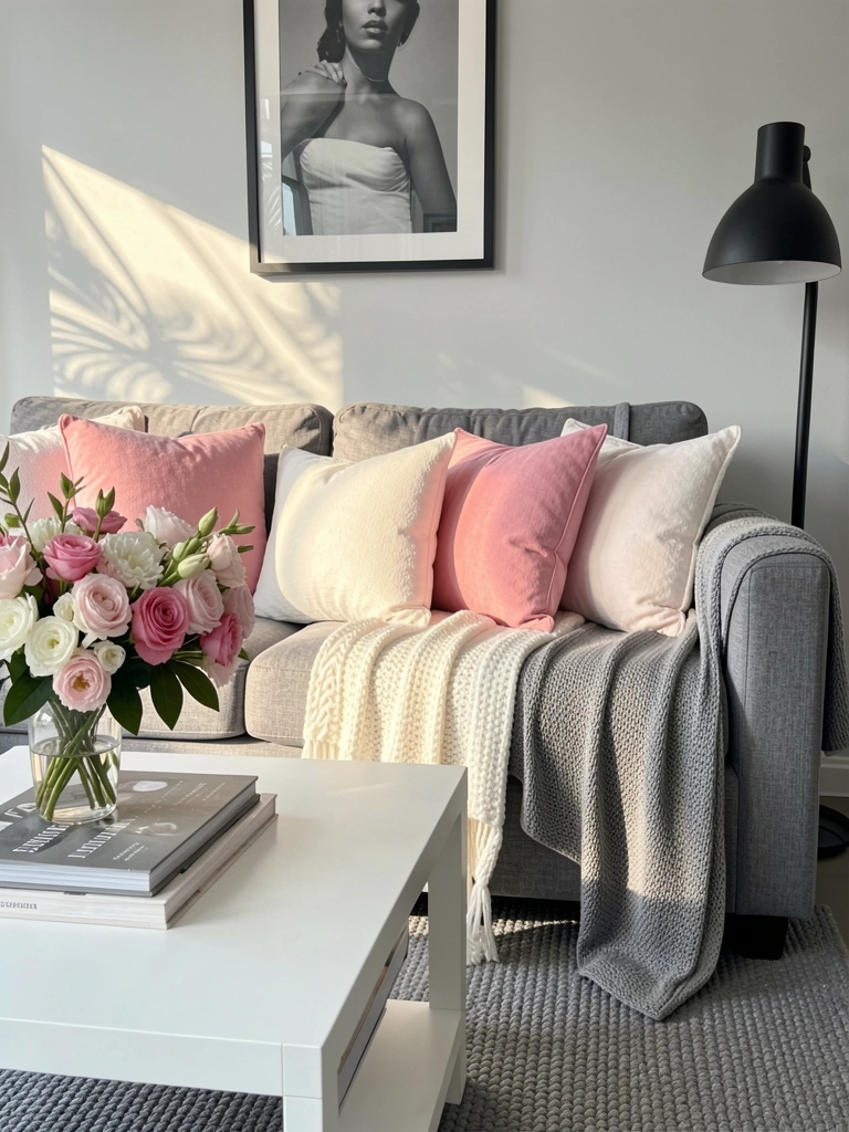 Sofá cinza com almofadas rosas e brancas, manta tricotada, bouquet sobre mesa de centro com livros, quadro preto e branco na parede, luminária preta e carpete texturizado.