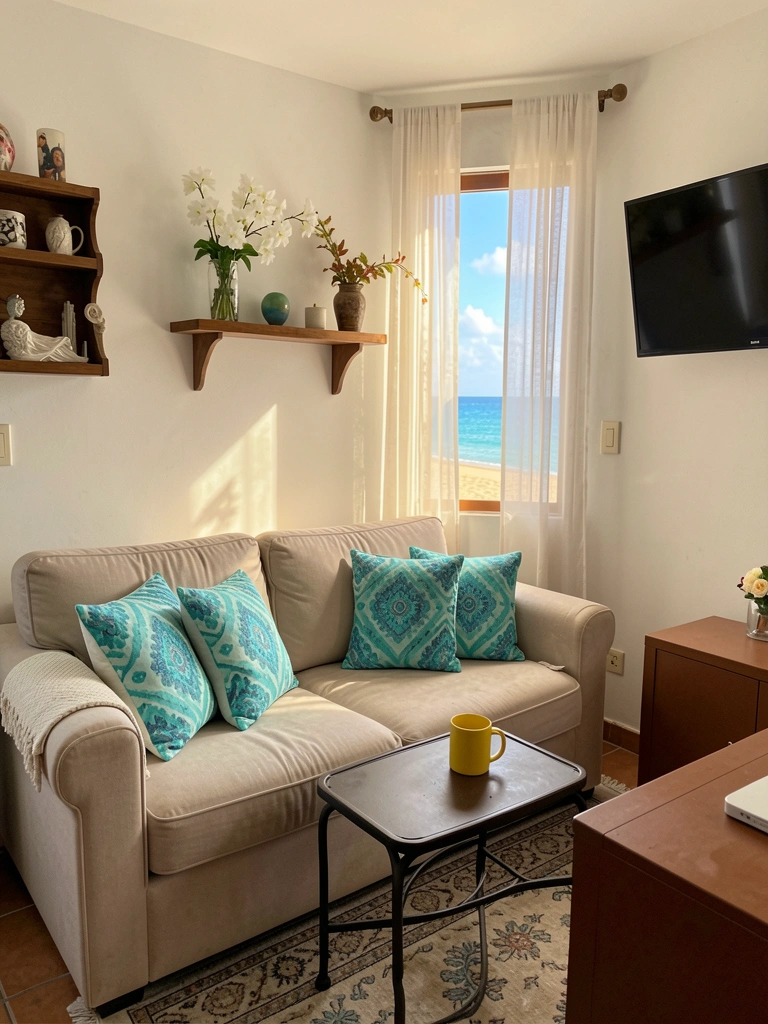 Sofá bege claro com almofadas turquesa e azul, mesa lateral preta com caneca amarela, prateleira de madeira com vaso de flores brancas, cortina com vista de praia e TV na parede.