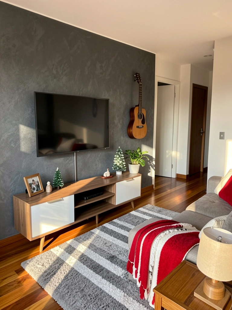 TV grande em parede texturizada cinza, console de madeira com gavetas brancas, guitarra decorativa na parede, tapete listrado e sofá com manta vermelha sob luz natural.