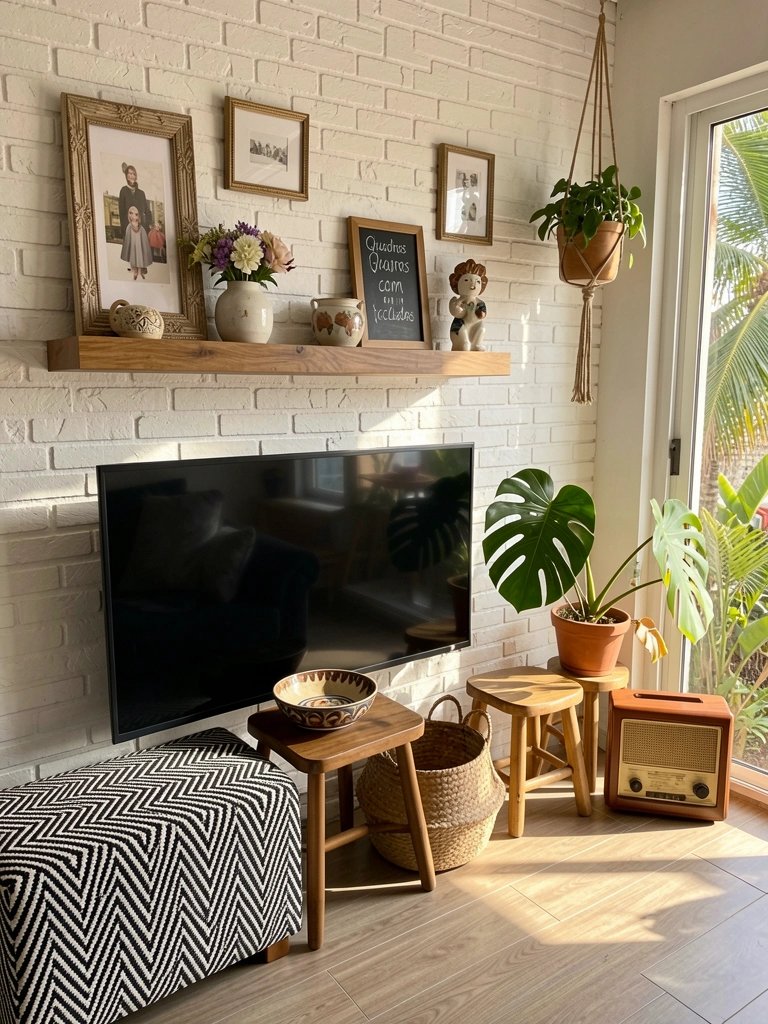 Prateleira flutuante de madeira sobre parede de tijolos brancos, com TV grande, pufe xadrez preto e branco e vaso de Monstera.