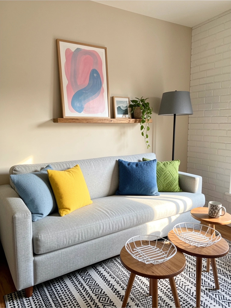 Sofá cinza claro com almofadas azul, amarela e verde, luminária preta e prateleira com quadro abstrato rosa e azul, luz natural.