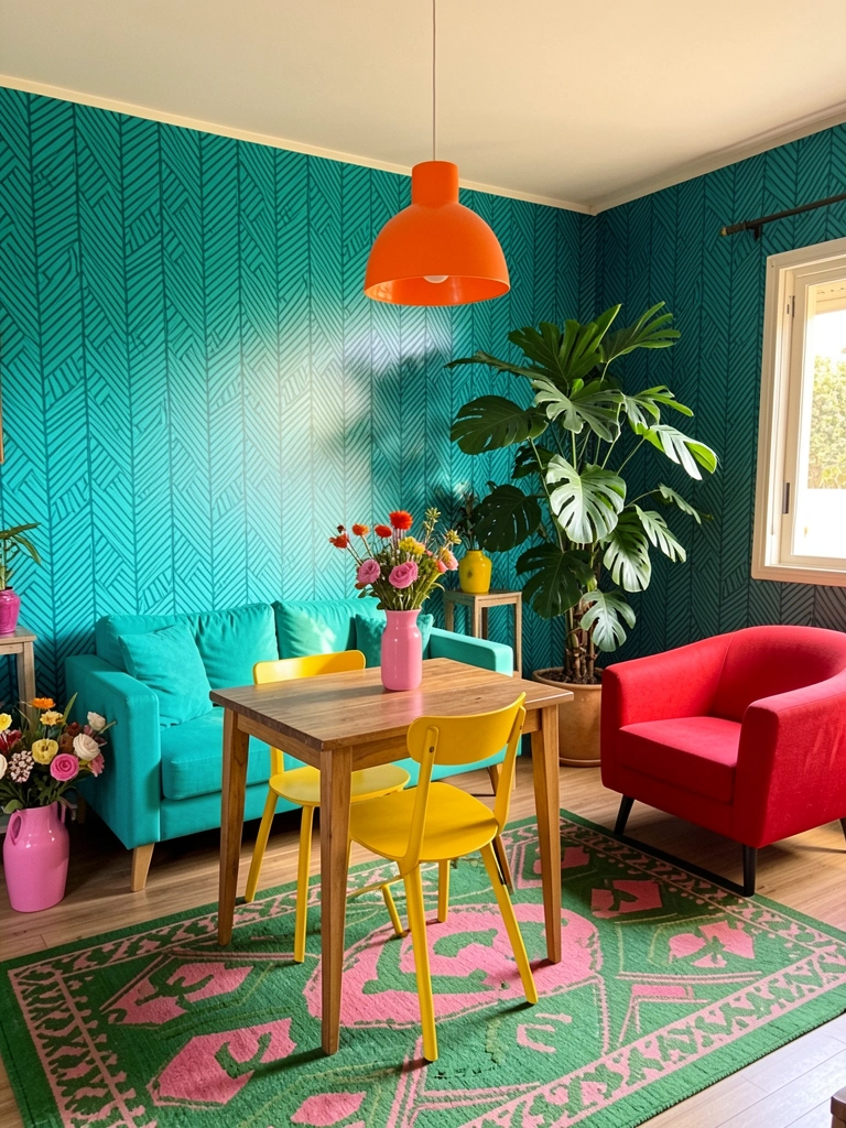 Parede com papel geométrico verde-azulado, mesa de madeira com cadeira amarela, sofá turquesa e poltrona vermelha, luminária laranja pendente.