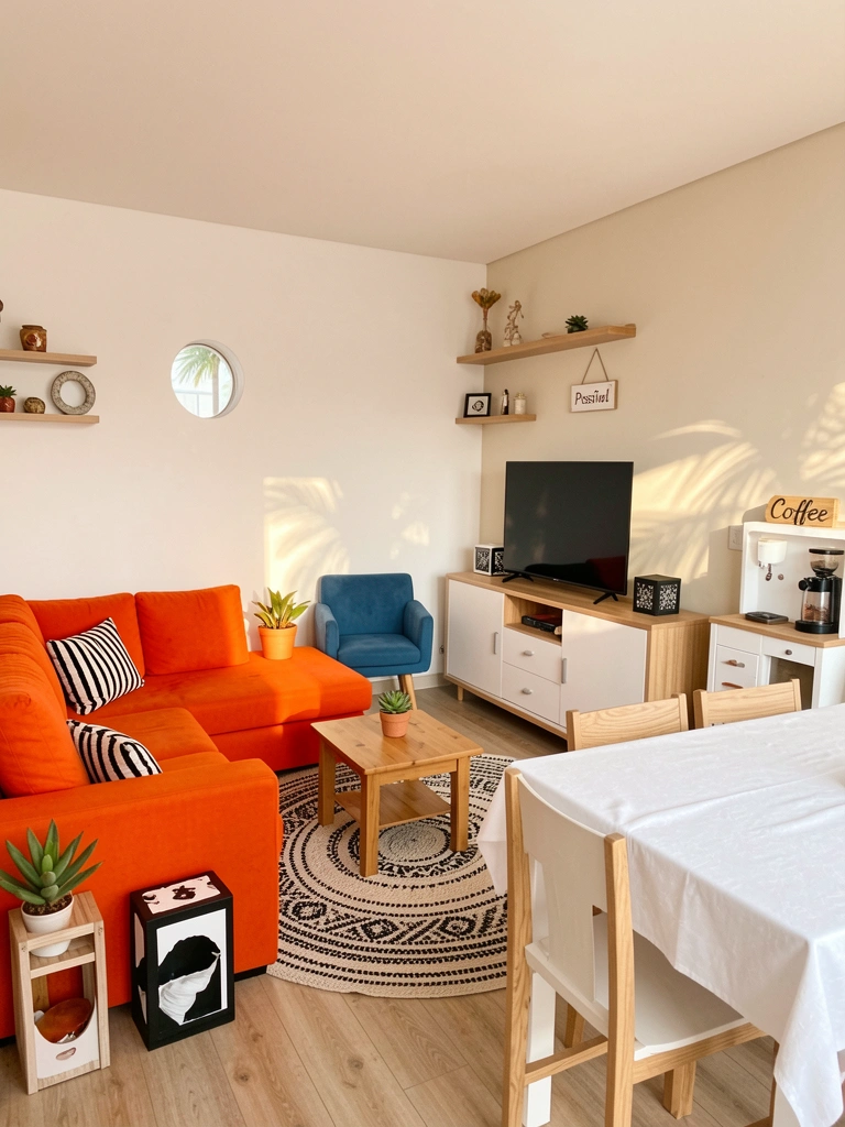 Sofá laranja, mesa de madeira, tapete circular e parede com buraco redondo em sala iluminada por luz natural.