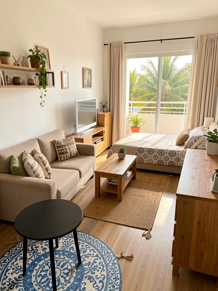 Sofá bege com almofadas estampadas, mesa de centro de madeira, tapete azul e branco e varanda com planta ao fundo, luz natural.