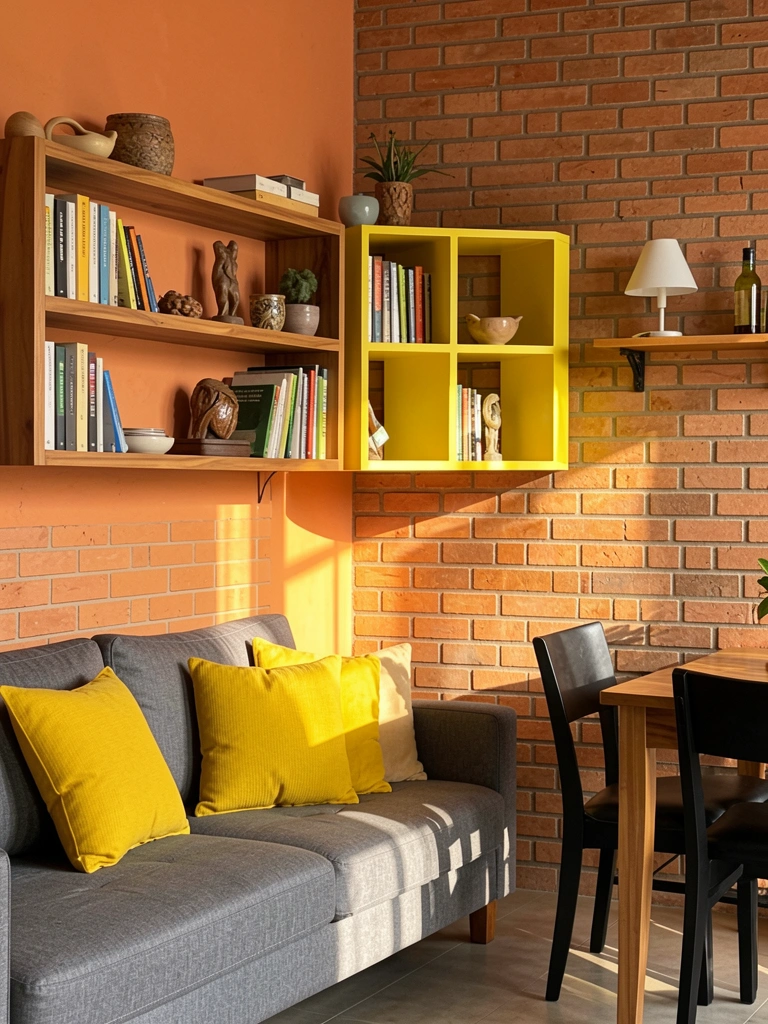 Sofá cinza com almofadas amarelas, estante de madeira com livros e objetos, parede de tijolos laranja sob luz natural.