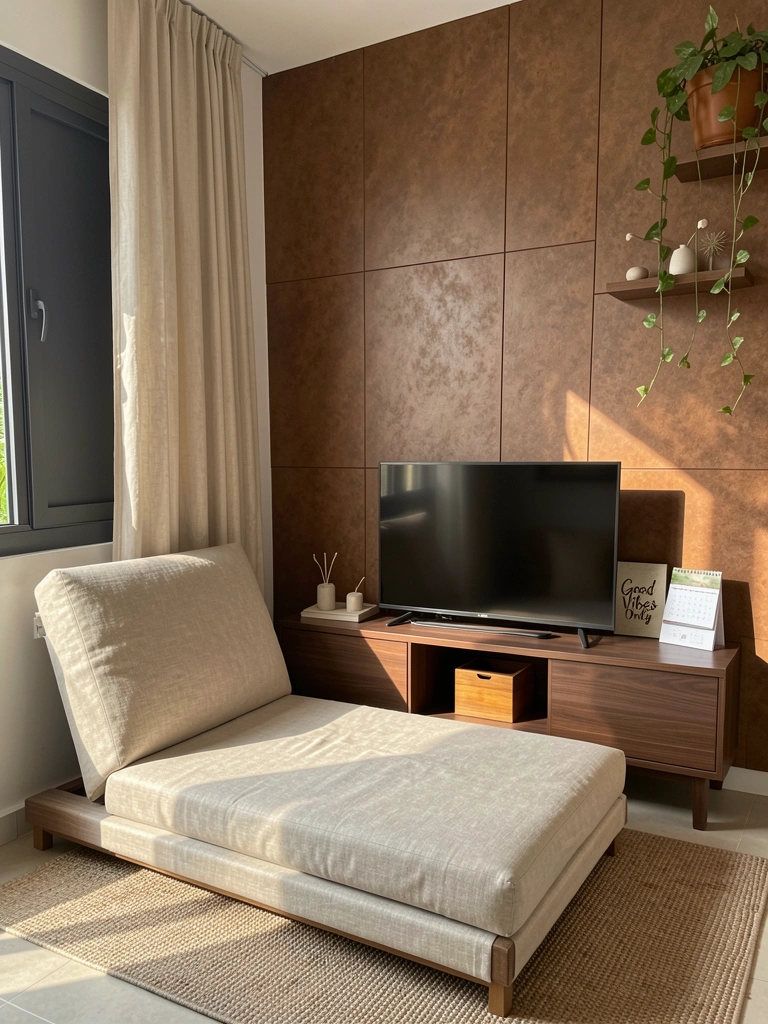 Sofá-cama em linho bege claro sob painel de madeira texturizado, com TV, tapete neutro e vaso de planta pendente à direita, luz natural suave.