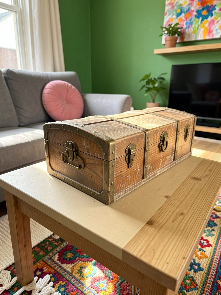 Baú de madeira desgastada com ferragens douradas sobre mesa de centro clara, tapete colorido e sofá cinza com almofada rosa ao fundo, luz natural suave.