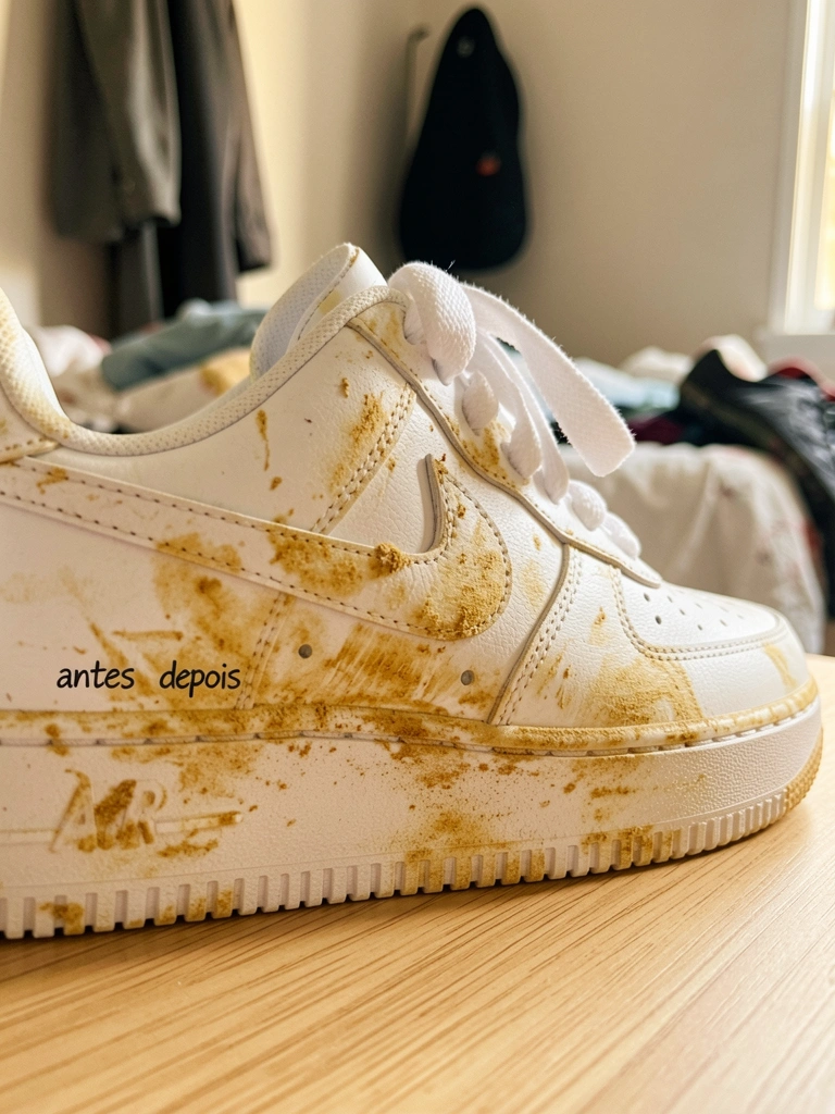 Tênis Nike Air Force 1 branco com manchas amareladas e marcações