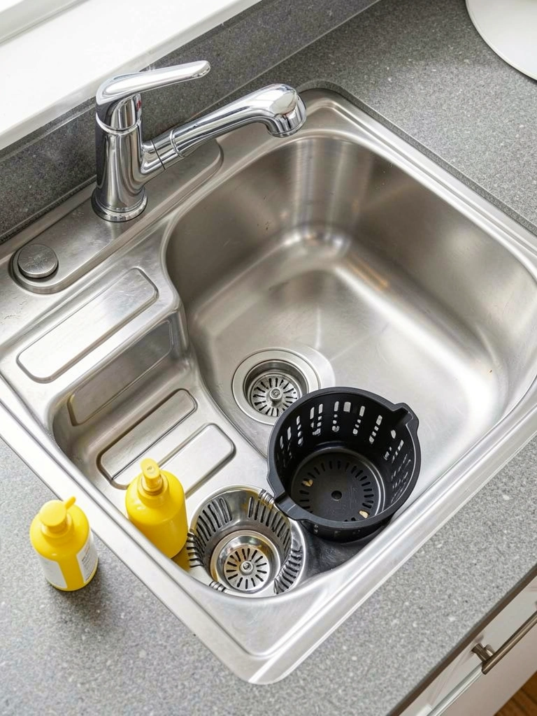 Luz natural destaca superfície reflexiva de pia de aço inox com duas cubas, bancada de compósito cinza e torneira cromada.