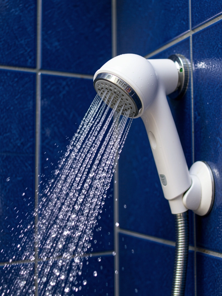 Ducha de mão branca com bico prateado sobre azulejos azuis escuros, jato de água forte com gotas refletindo luz e destaque nas texturas.
