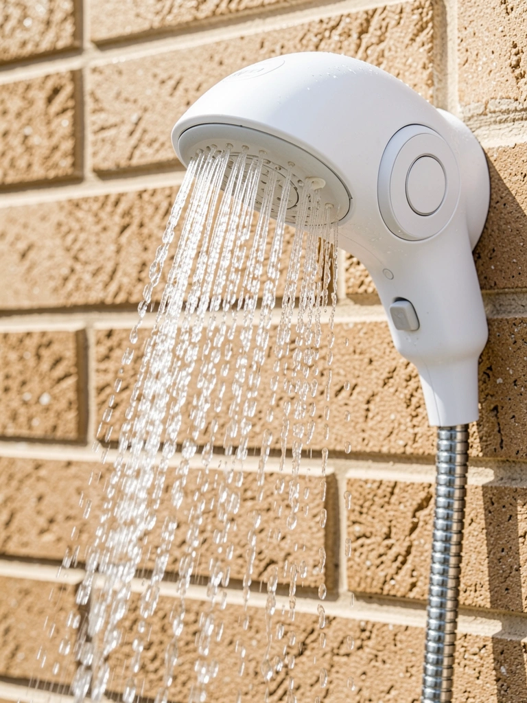 Ducha branca com bico curvo jorra água em jatos potentes sobre parede de tijolos claros texturizados, luz natural destaca o metal e as gotas.