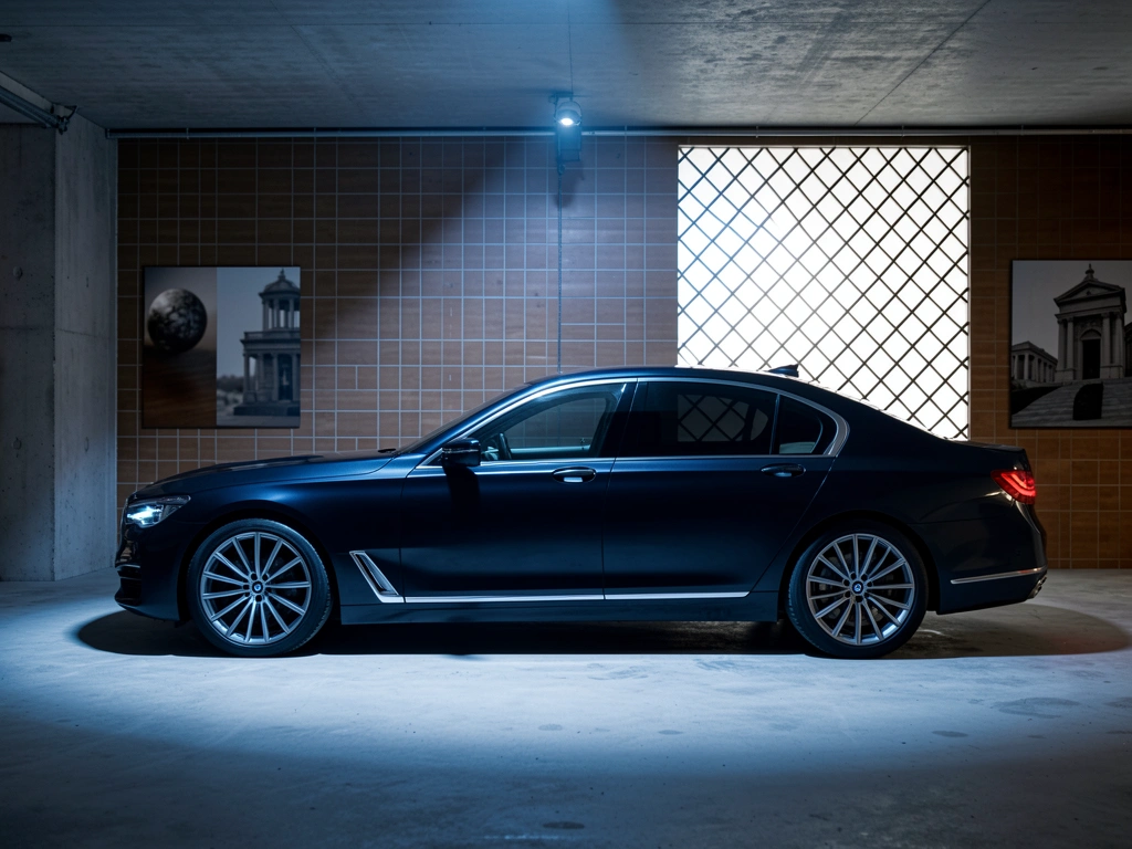 Luxo sedan BMW preto estacionado em garagem de concreto cinza, parede de tijolos marrons e painel iluminado com padrão de diamantes, luz azul dramática.