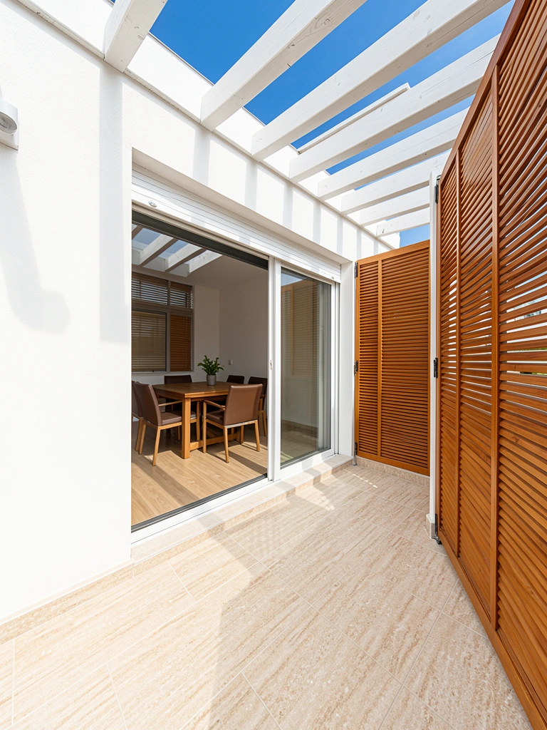 Terraço moderno com piso de cerâmica texturizada bege, teto de vigas de madeira brancas e céu azul visível, mesa de madeira com cadeiras marrons na área de jantar interna.