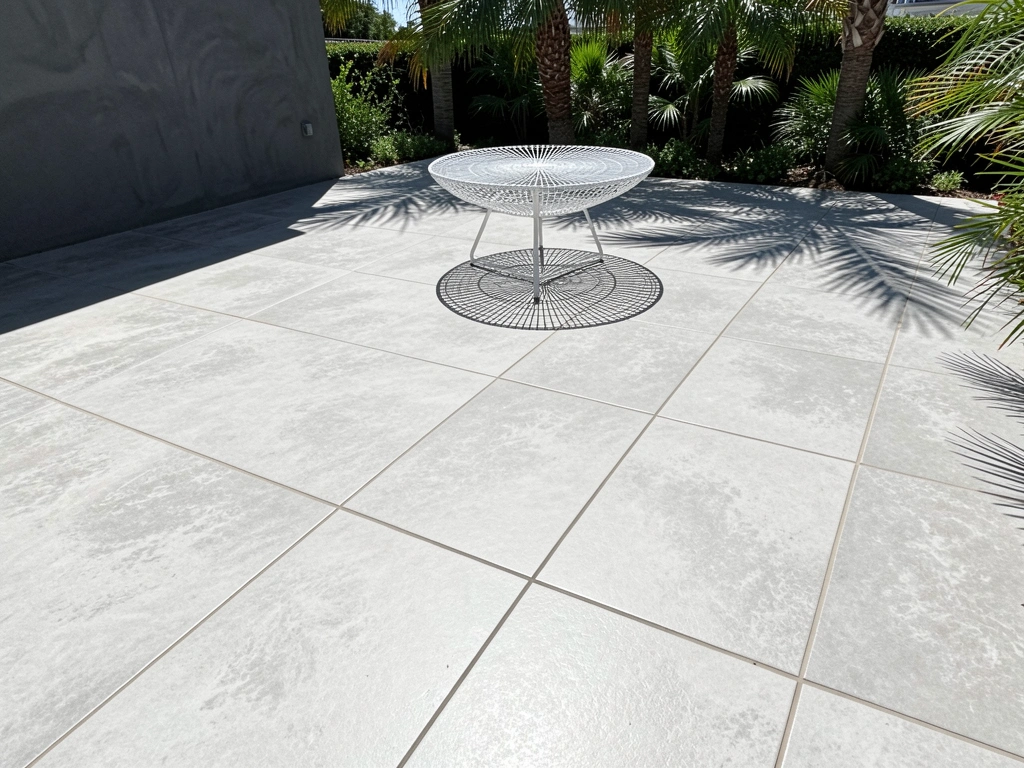 Luz solar projeta sombras de palmeiras sobre porcelanato cinza claro em garagem com mesa redonda de metal branco.