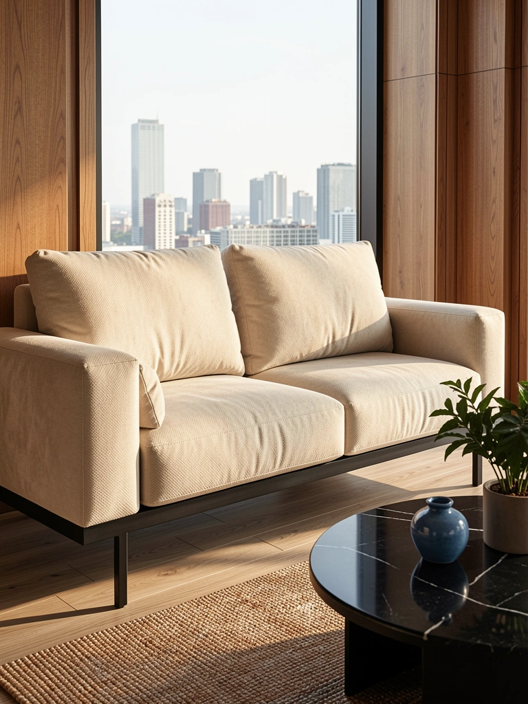 Sofá-cama bege com almofadas grossas e estrutura preta, janela com vista urbana, mesa redonda de mármore preto com vaso azul e planta.