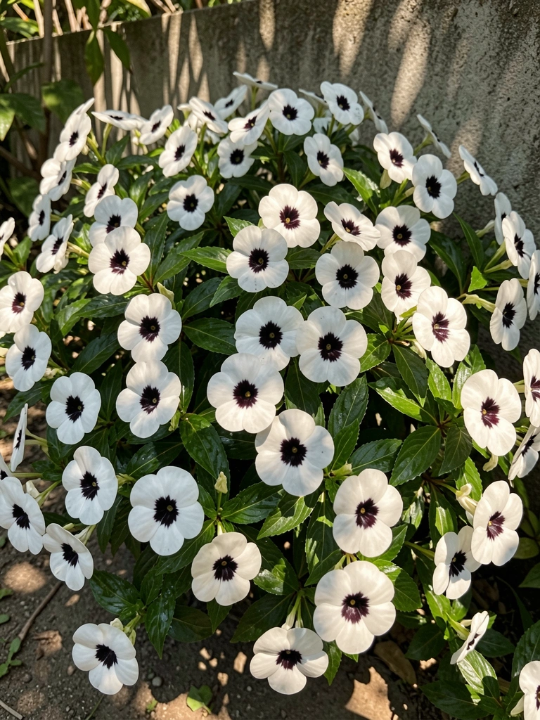 Cachos de Impatiens brancas e pretas com centros escuros, folhagem verde brilhante e luz solar filtrada, fundo de parede de concreto texturizada.