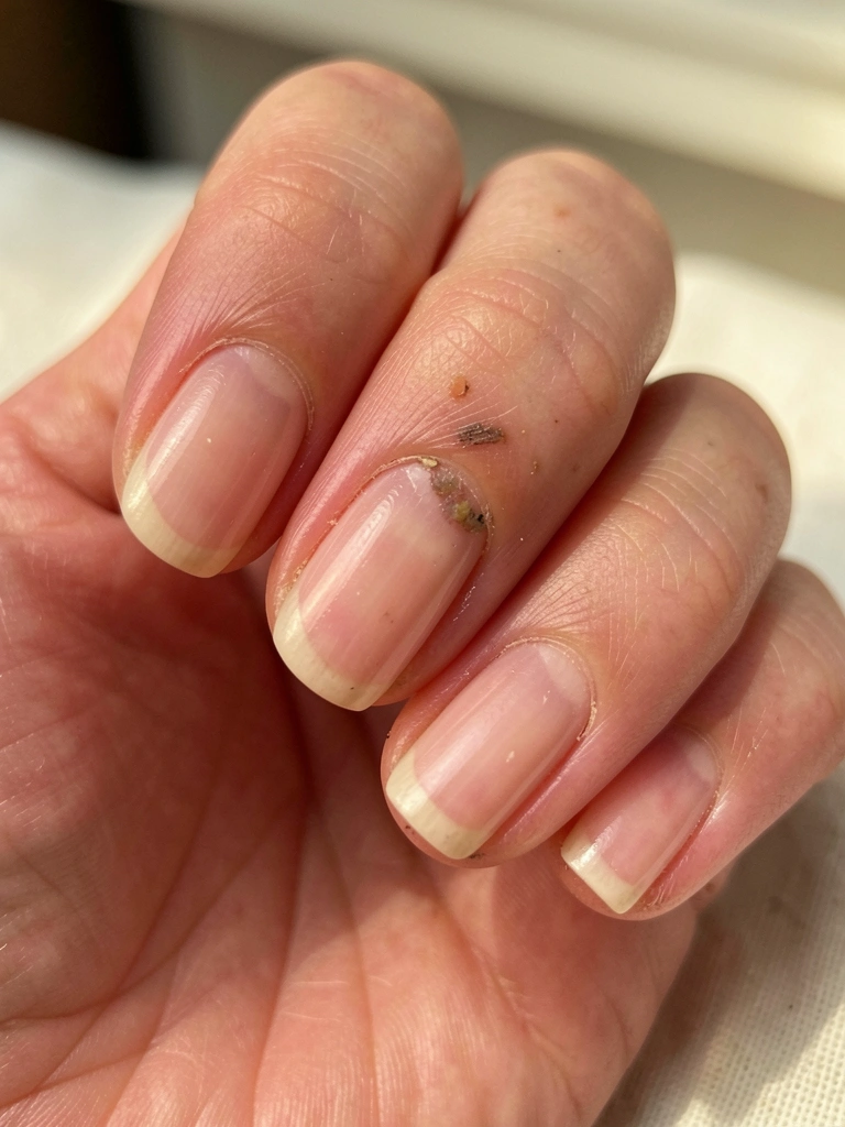 Mão feminina com unhas curtas e levemente imperfeitas, cutícula com pequena descoloração, sobre superfície clara desfocada, luz natural suave e textura da pele em destaque.