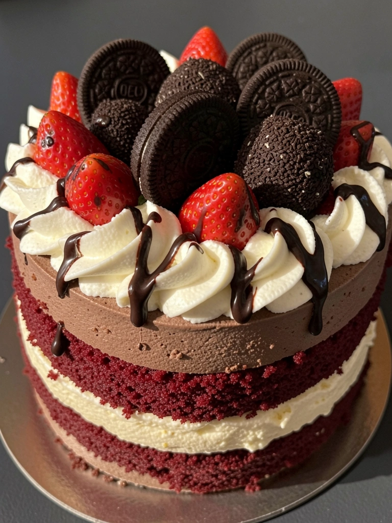Bolo de três camadas com cobertura de chantilly, morangos, Oreos e brigadeiros, sobre fundo cinza escuro, luz natural suave.