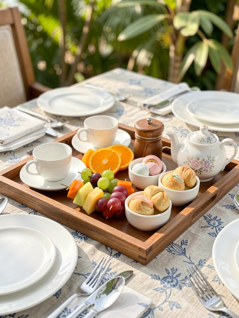 Bandeja de café da manhã com bule de porcelana, xícaras brancas, frutas espetadas e pastéis coloridos sobre toalha de linho florida, luz natural.