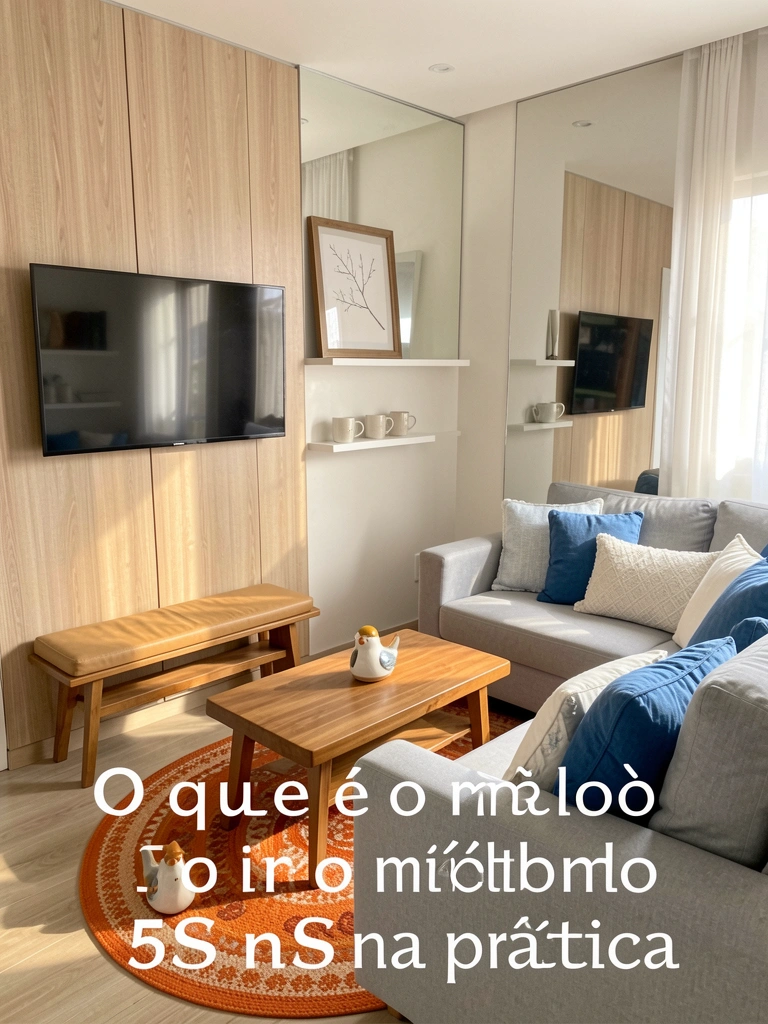 Sofá cinza claro com almofadas azuis e brancas, mesa de centro de madeira e tapete redondo laranja e terracota; luz natural entra pela janela.