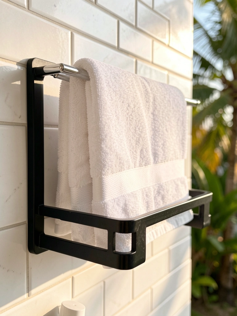 Suporte preto com barras prateadas segurando toalha branca dobrada, prateleira para itens de banheiro, parede de azulejos brancos com textura de tijolo, luz natural.
