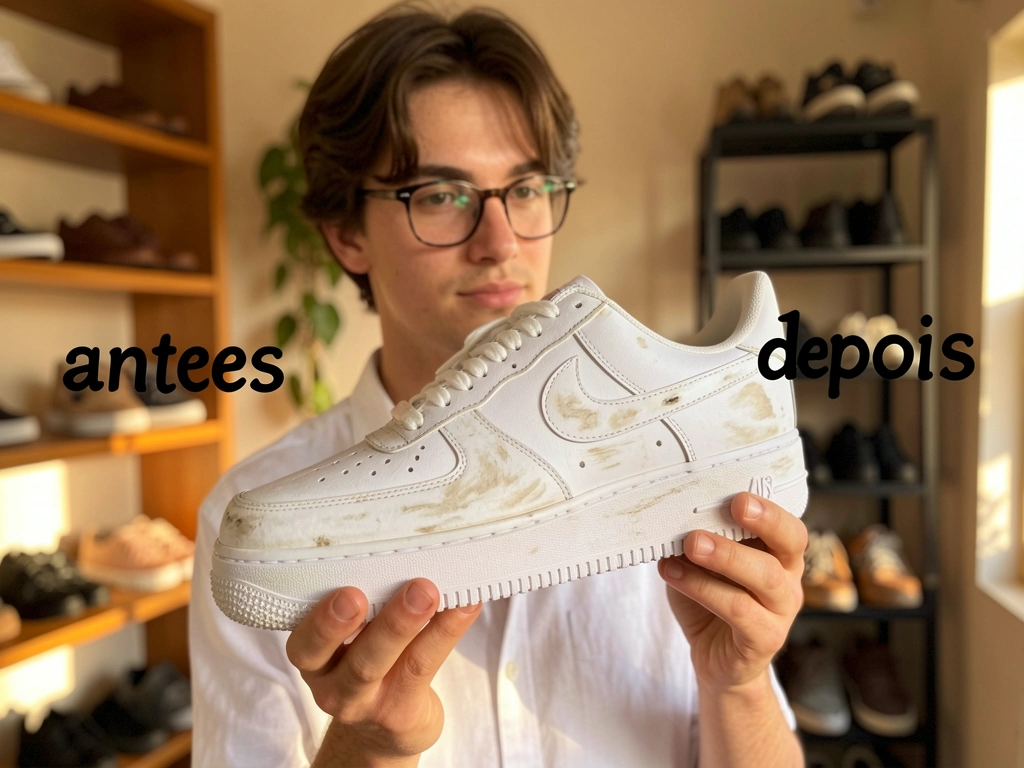 Jovem de cabelo castanho e óculos segura tênis Nike Air Force 1 branco com manchas, fundo desfocado com prateleiras de madeira e sapateira escura, iluminação natural suave.