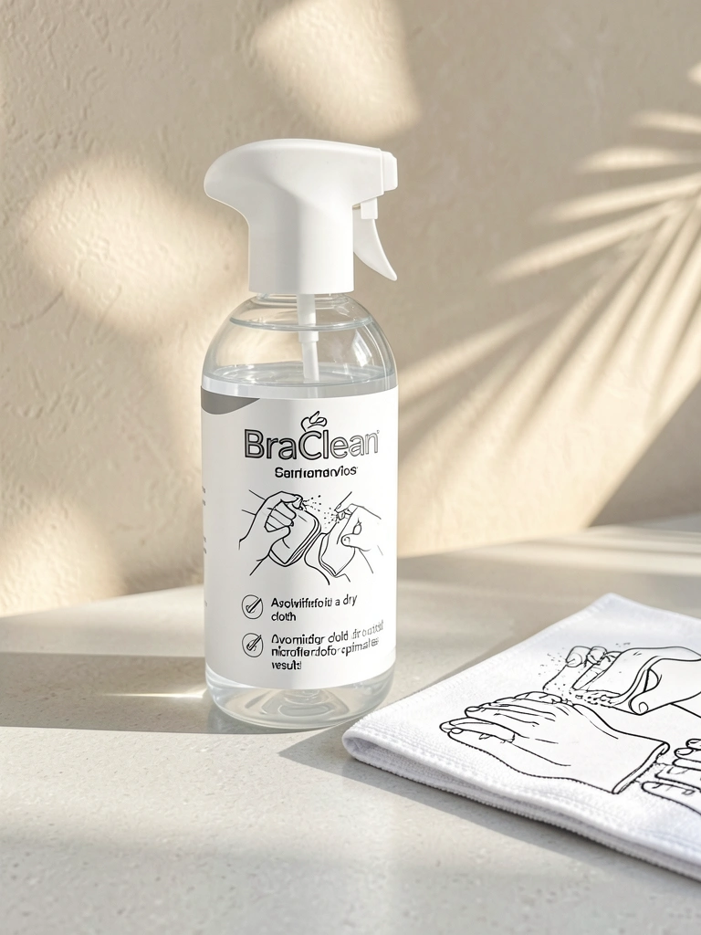 Frasco spray BraClean com rótulo branco e detalhes em preto sobre bancada cinza clara, com pano de microfibra ao lado, luz natural do dia e fundo neutro texturizado.