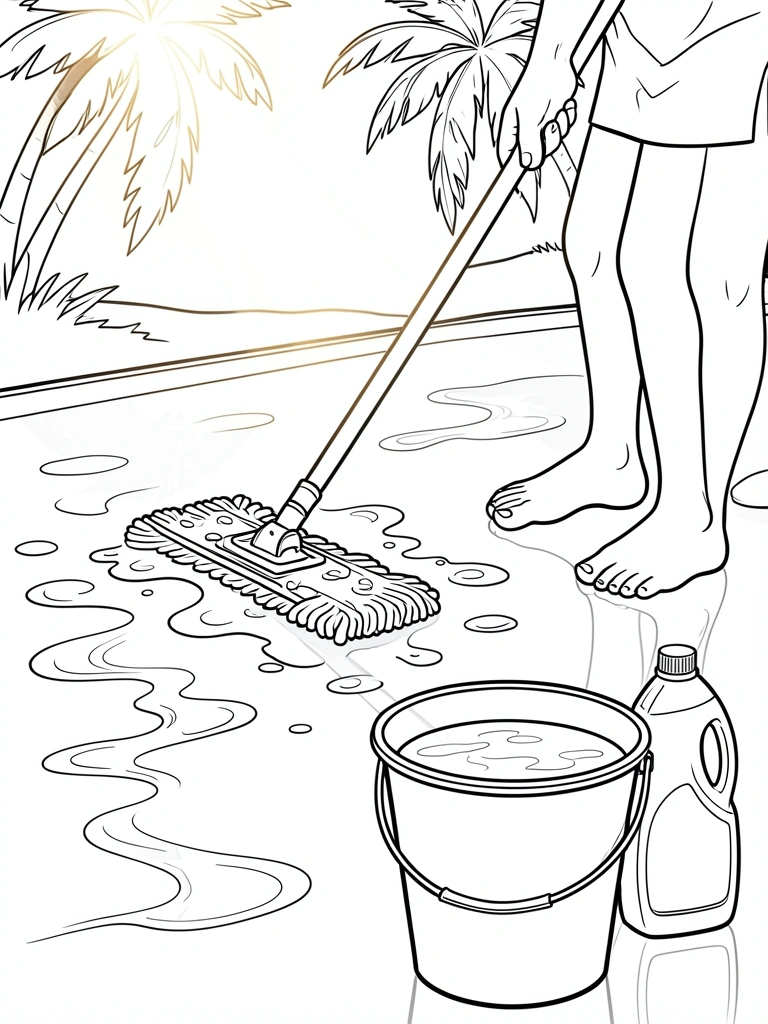 Mão masculina segurando cabo de esfregão, cabeça do esfregão encharcada riscando piso brilhante, balde com água e frasco de limpador em primeiro plano, luz natural, desenho preto e branco estilo livro de colorir.